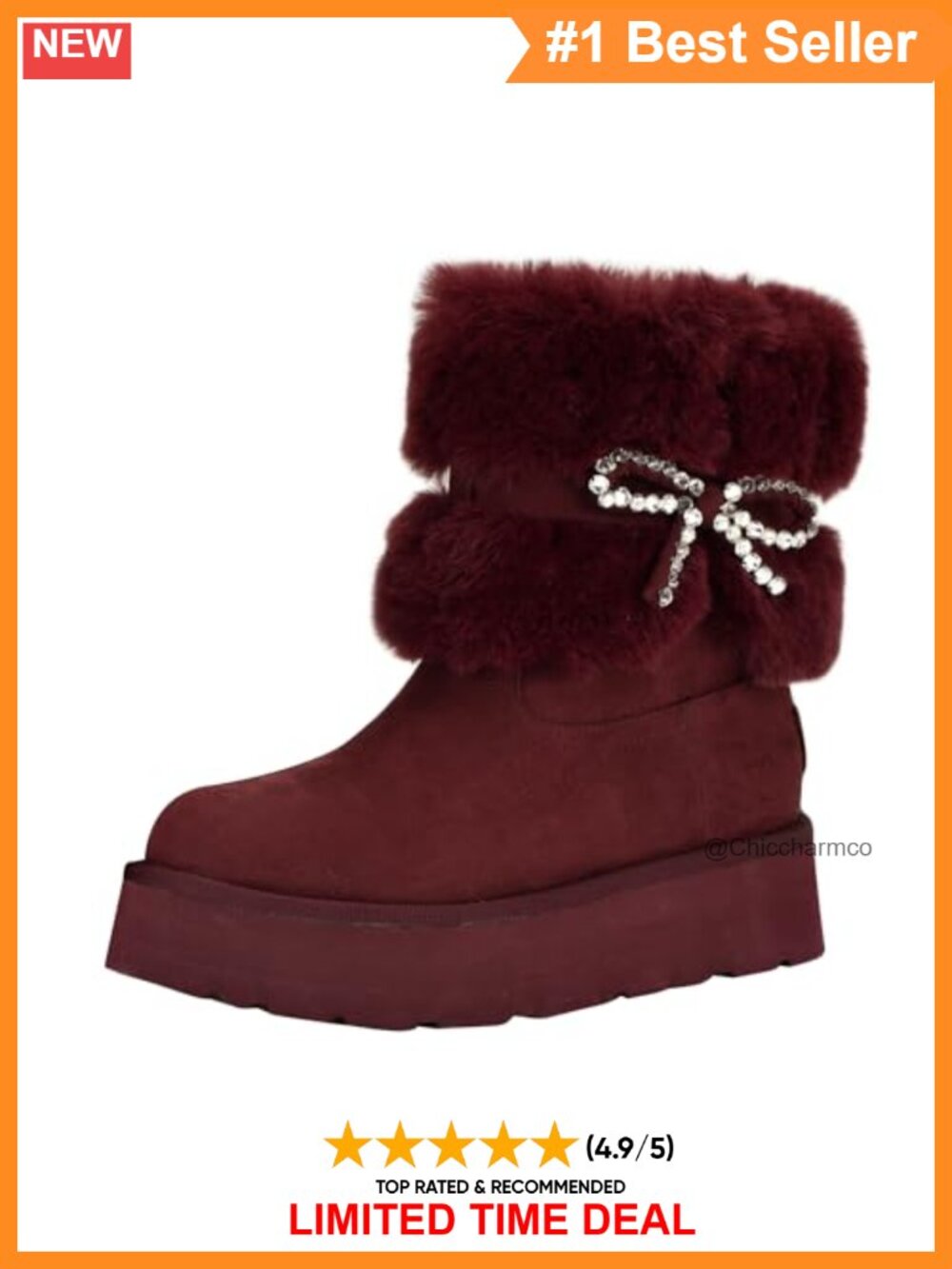 Faux Suede Ankle Winter Booties Rhinestone Bow Pull-On